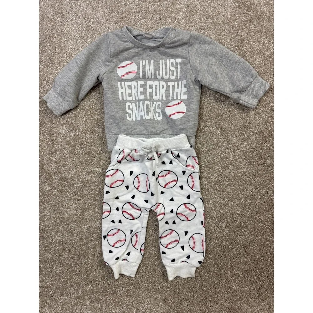 Baby Boys Baseball 2 Piece Outfit Set Gray Snacks Sweatshirt White Jogger Pants